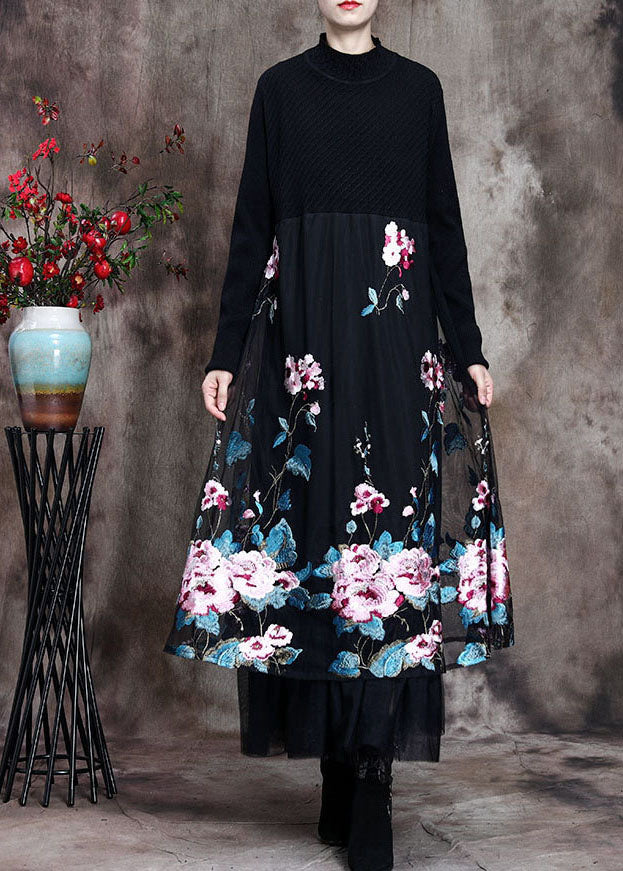 Knit Mock Neck Long Sleeve Floral Embroidered Mesh Overlay Midi Dress