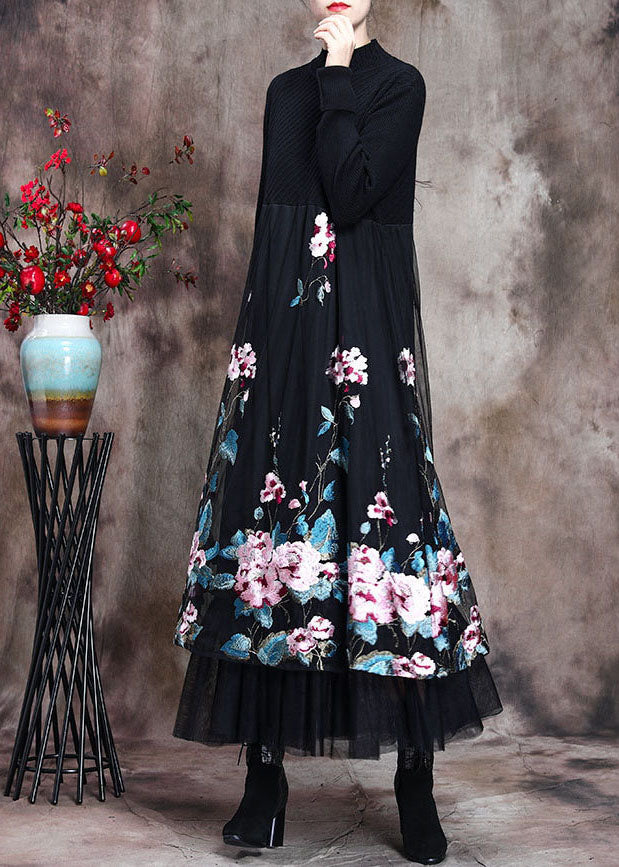 Knit Mock Neck Long Sleeve Floral Embroidered Mesh Overlay Midi Dress - View 3