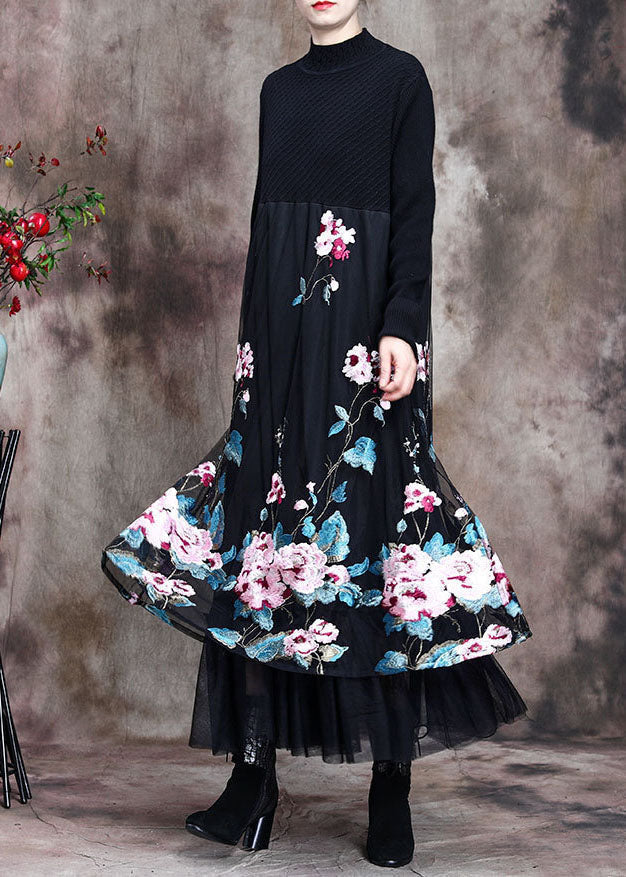 Knit Mock Neck Long Sleeve Floral Embroidered Mesh Overlay Midi Dress - View 4