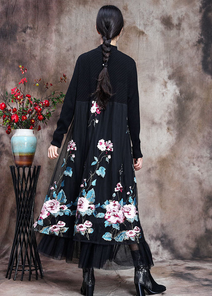 Knit Mock Neck Long Sleeve Floral Embroidered Mesh Overlay Midi Dress - View 5