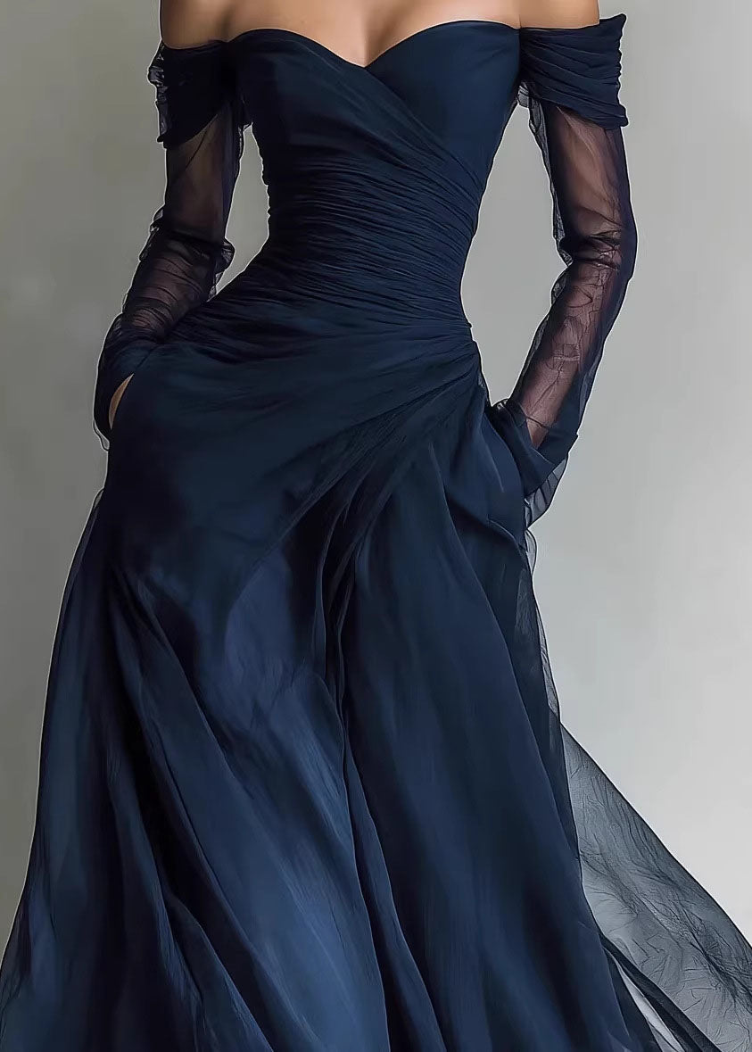 Off Shoulder Ruched Bodice Sheer Long Sleeve Tulle Pocket Maxi Gown - View 3