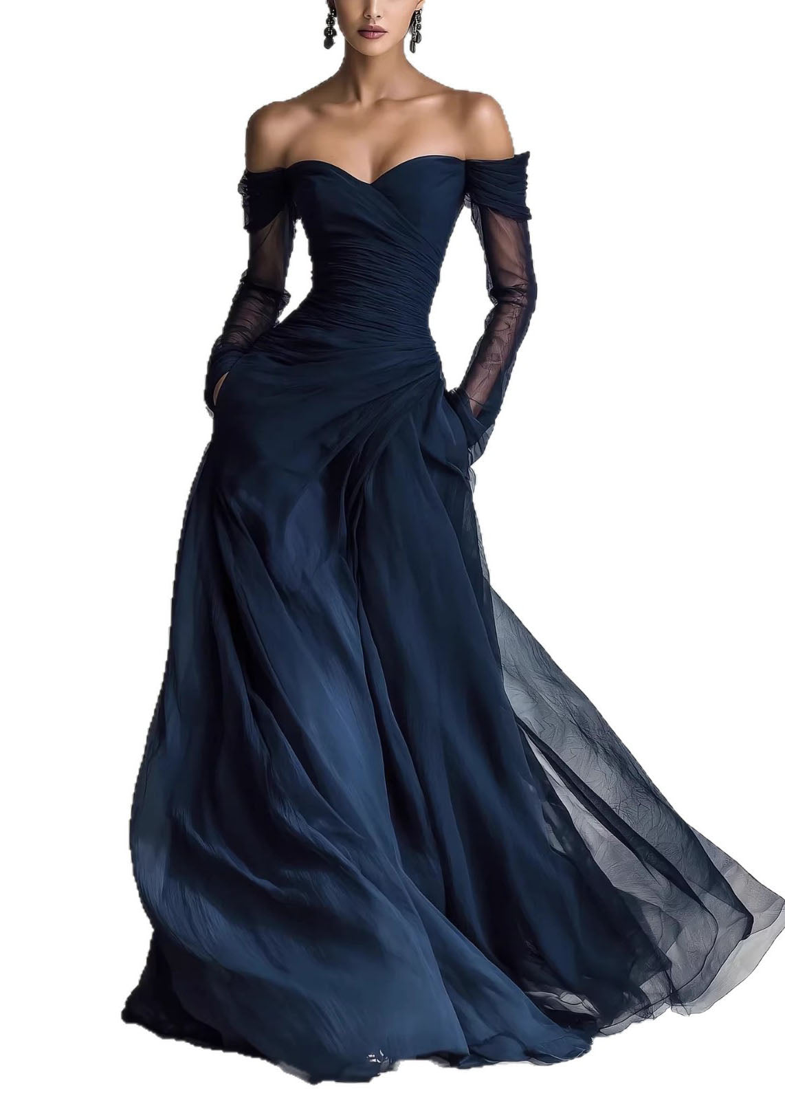 Off Shoulder Ruched Bodice Sheer Long Sleeve Tulle Pocket Maxi Gown - View 5