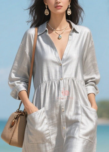 Collar V-Neck Button Front Metallic Patch Pocket Mesh Shirt Dress - View 2