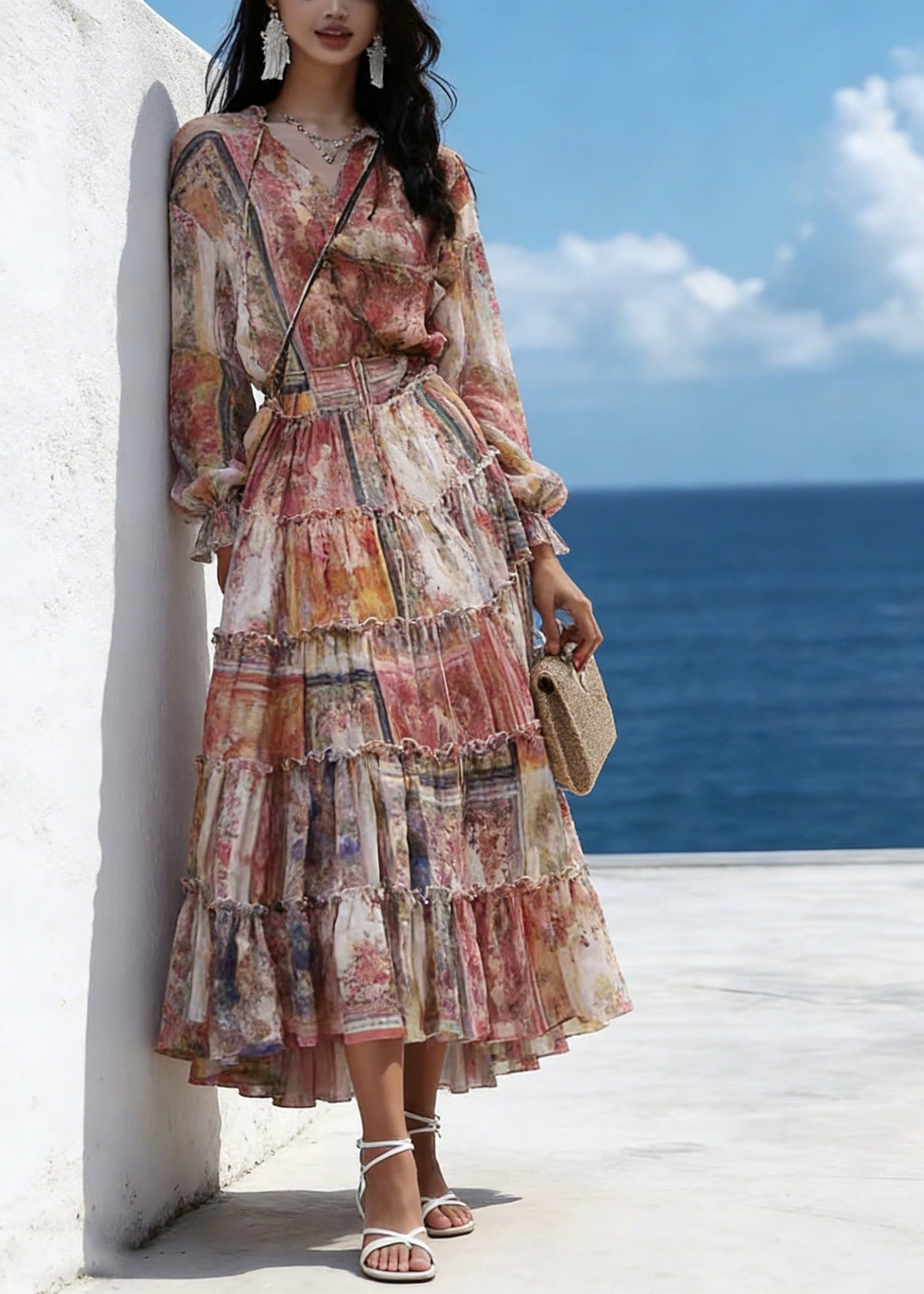 V-Neck Long Sleeve Tiered Ruffle Chiffon High Low Maxi Dress - View 3