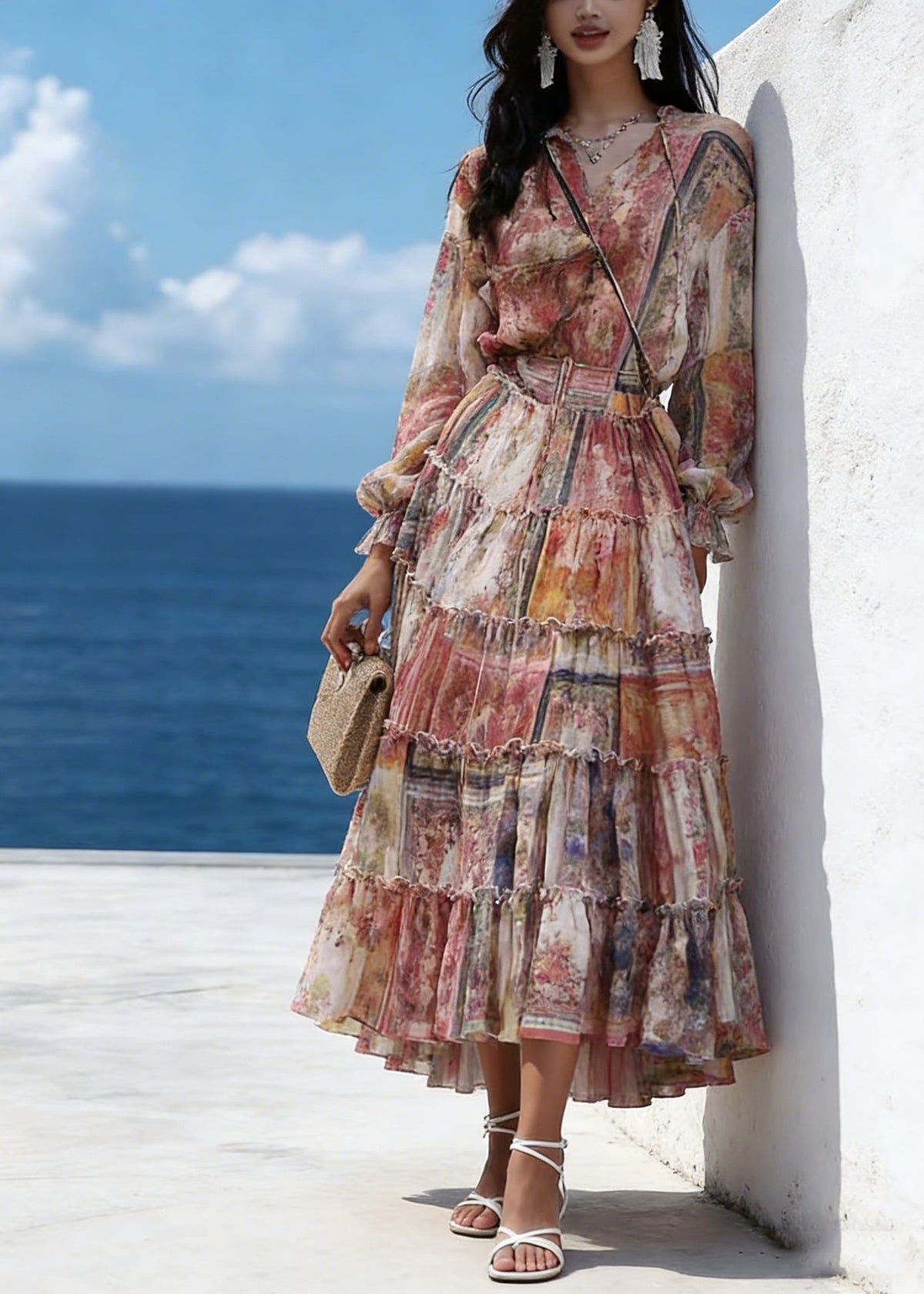 V-Neck Long Sleeve Tiered Ruffle Chiffon High Low Maxi Dress - View 5