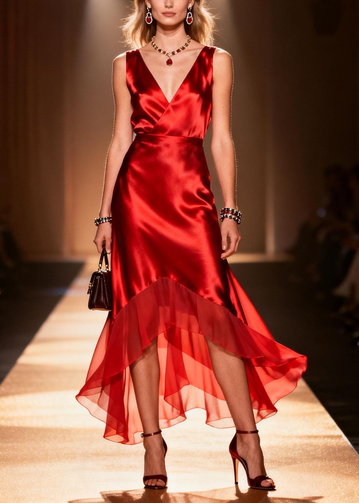 Satin Wrap V-Neck Sleeveless Tiered Chiffon Ruffle Hem Midi Dress - View 3