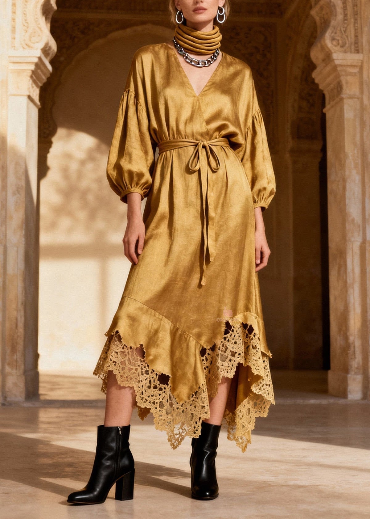 Satin Wrap V-Neck Balloon Sleeve Crochet Lace Midi Dress