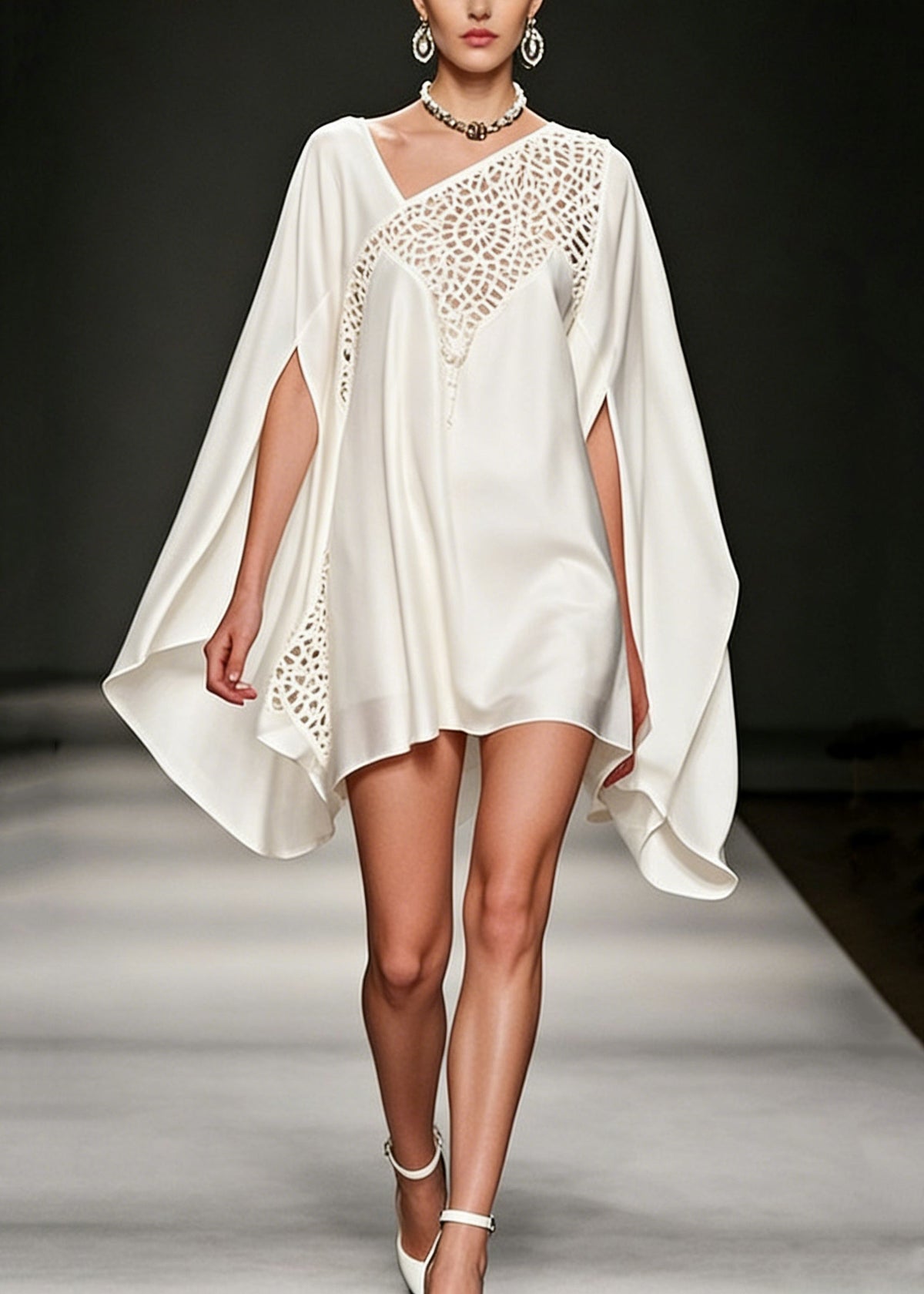 Asymmetrical Lace Cut Out Chiffon Cape Sleeve Flowy Mini Dress