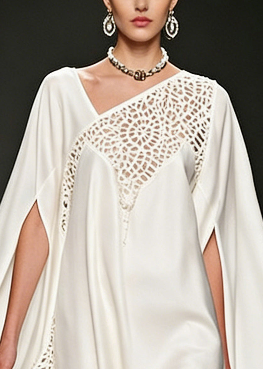 Asymmetrical Lace Cut Out Chiffon Cape Sleeve Flowy Mini Dress - View 2
