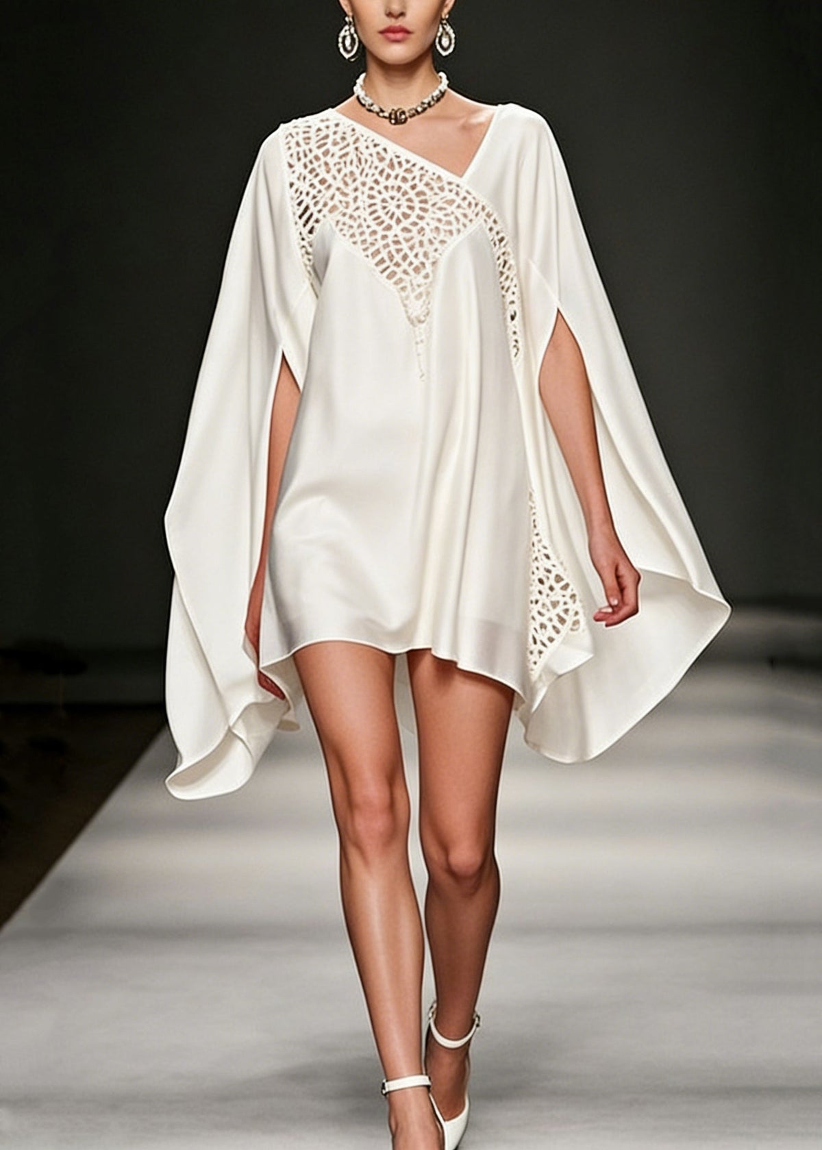 Asymmetrical Lace Cut Out Chiffon Cape Sleeve Flowy Mini Dress - View 3