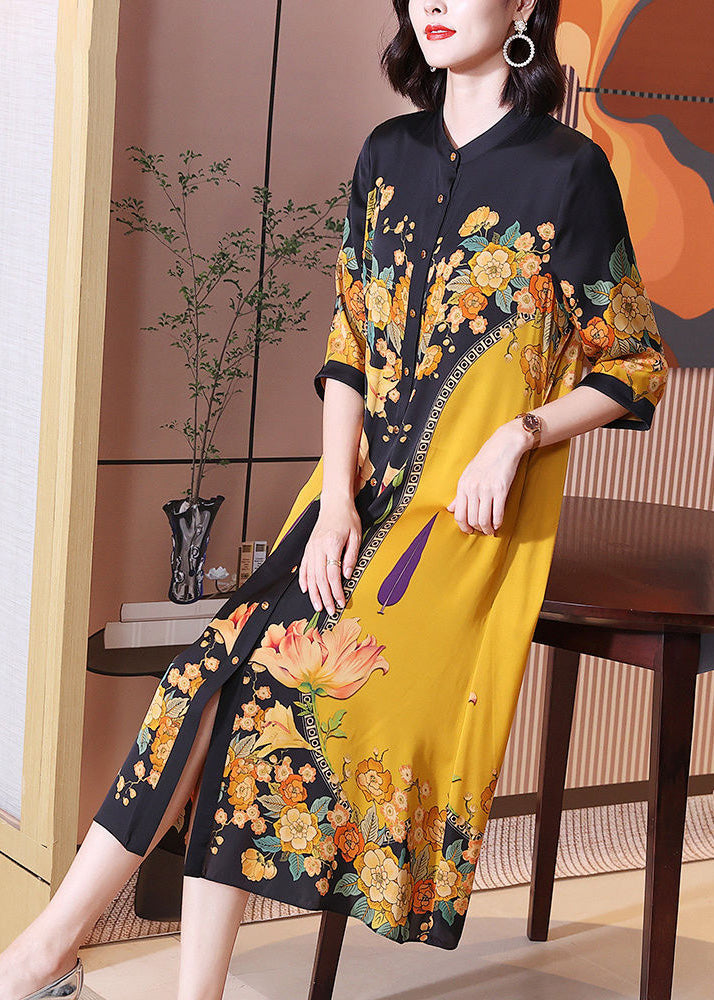 Floral Print Mandarin Collar Button Down Three Quarter Midi Dress - View 4