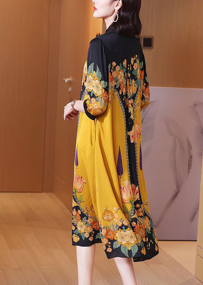 Floral Print Mandarin Collar Button Down Three Quarter Midi Dress - View 5