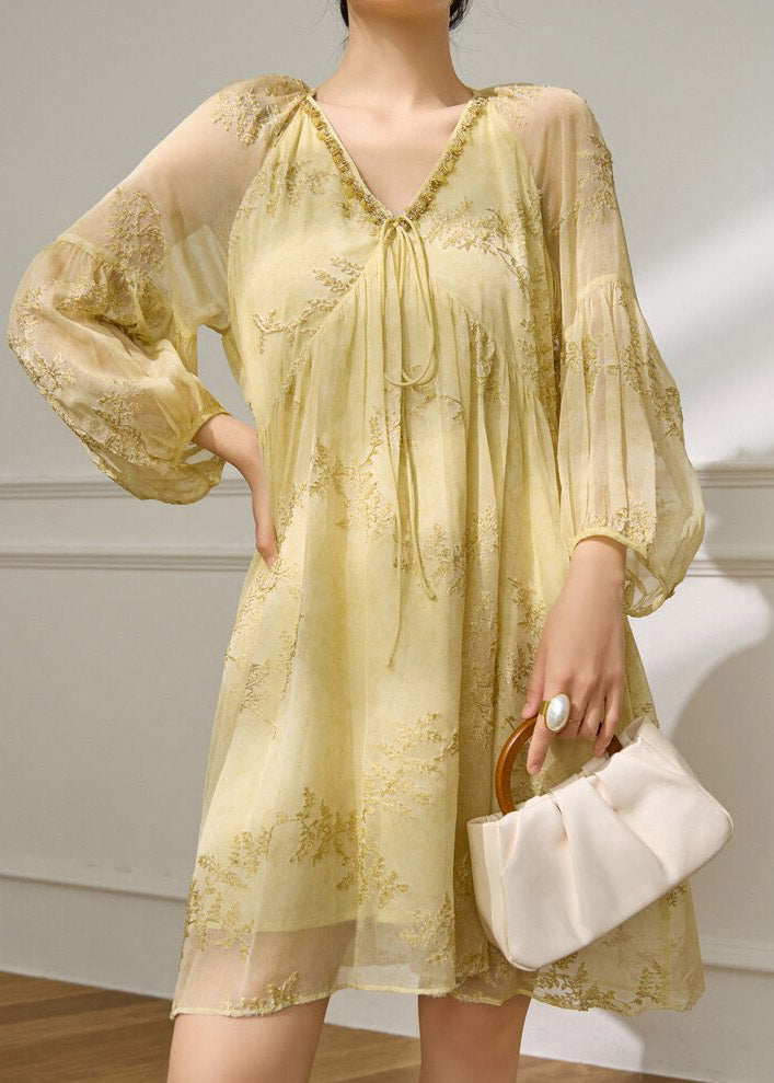 Floral Embroidered Lace Trim Tie Neck Puff Sleeve Chiffon Mini Dress