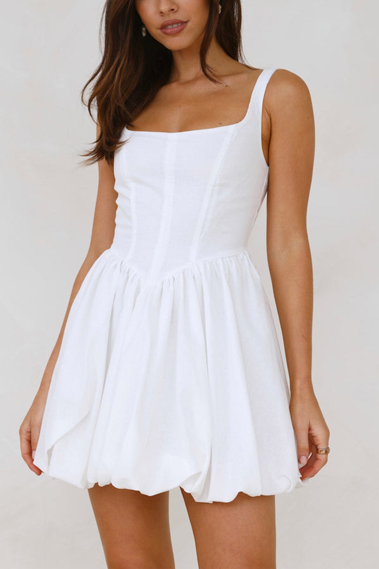 Fishbone Waist Cinched White Mini Dress - Fashionpara