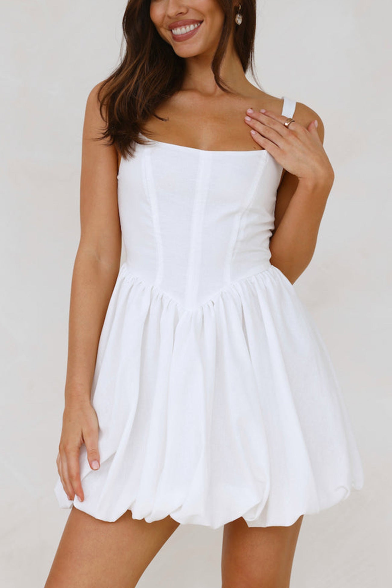 Fishbone Waist Cinched White Mini Dress - Fashionpara