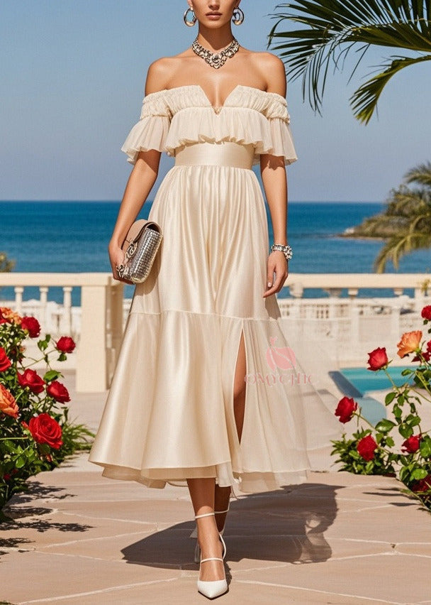 Off Shoulder Ruffle Flounce Waistband Pleated Midi Dress
