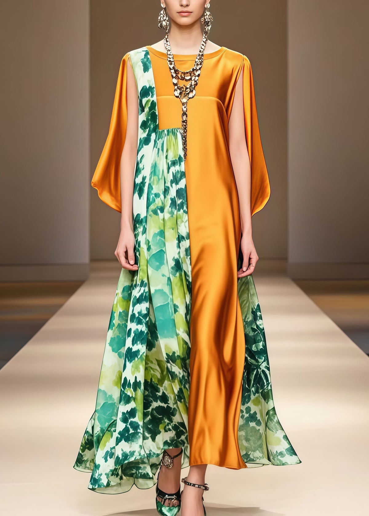Floral Print High Neck Cape Sleeve Asymmetrical Panel Maxi Gown