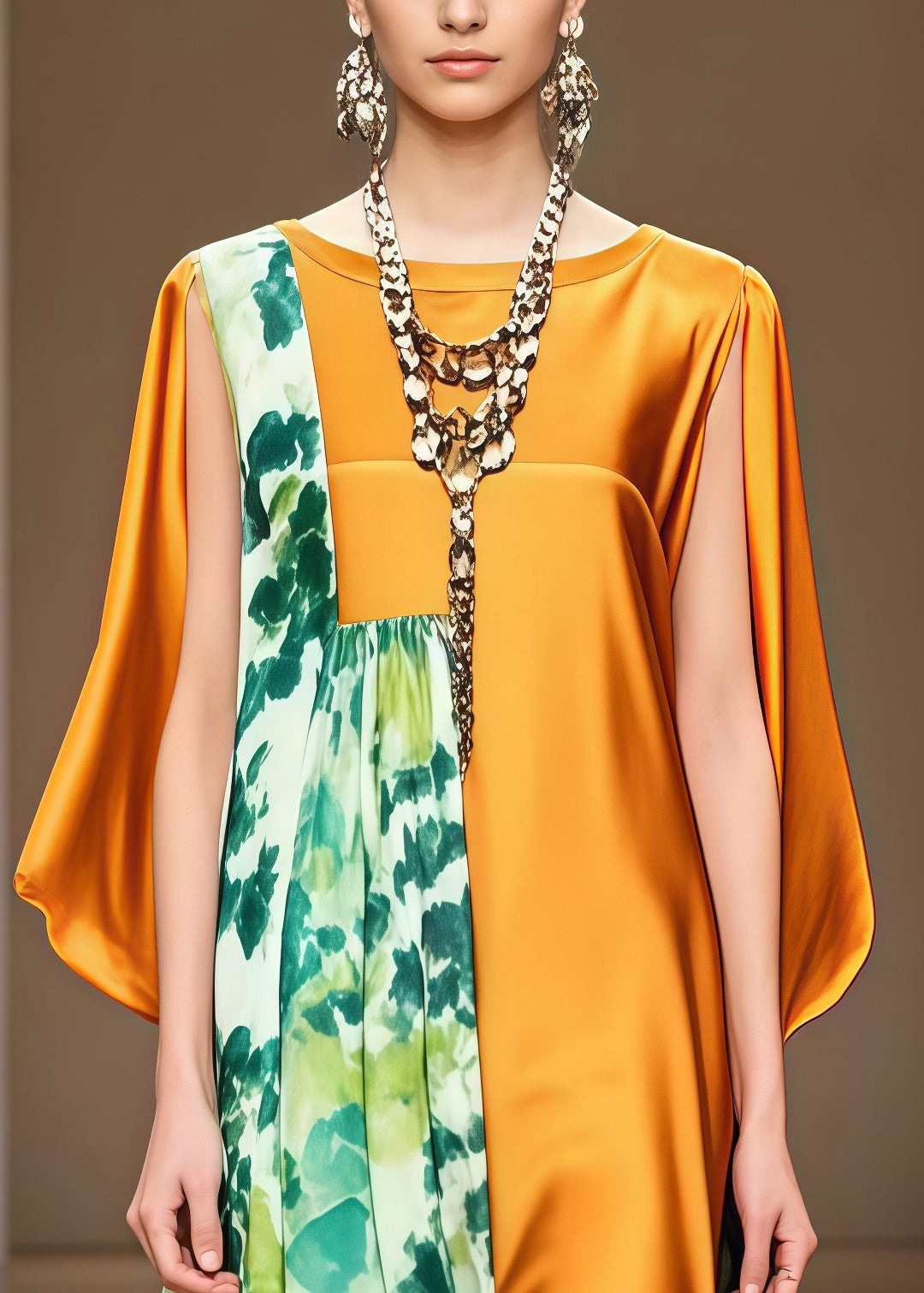 Floral Print High Neck Cape Sleeve Asymmetrical Panel Maxi Gown - View 2