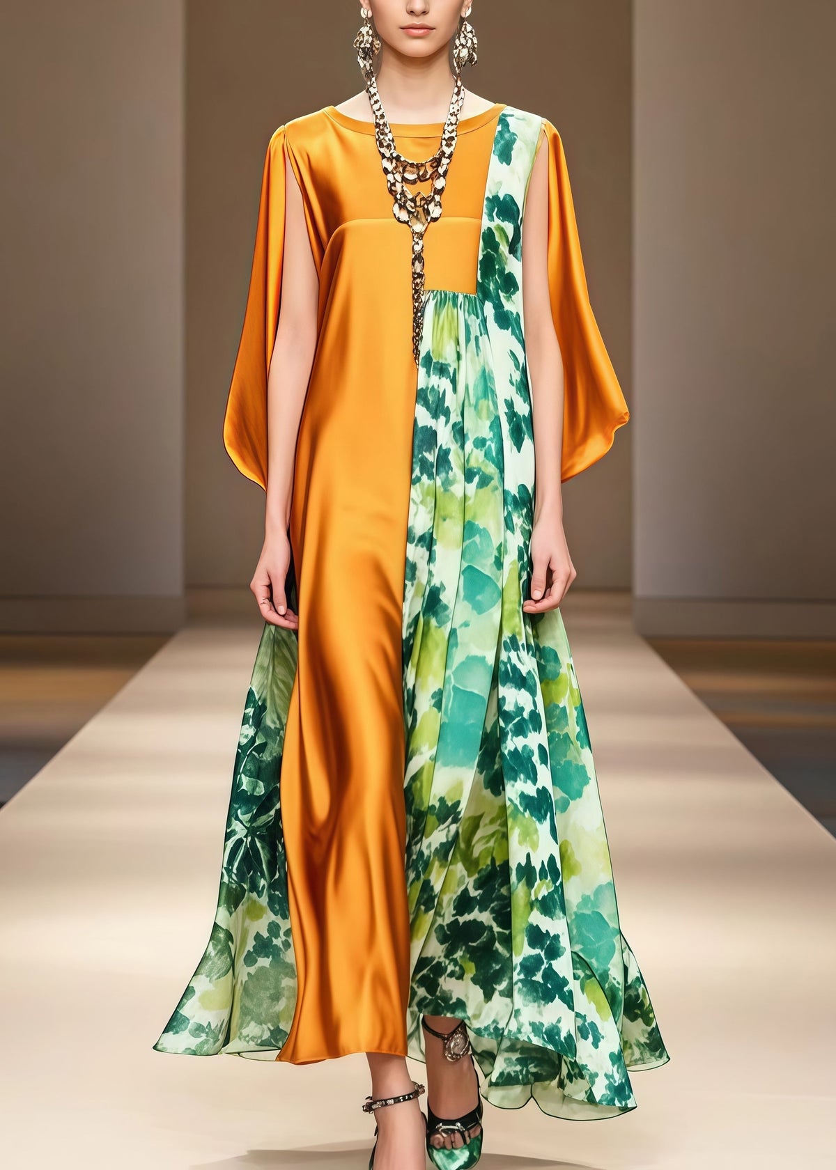 Floral Print High Neck Cape Sleeve Asymmetrical Panel Maxi Gown - View 3
