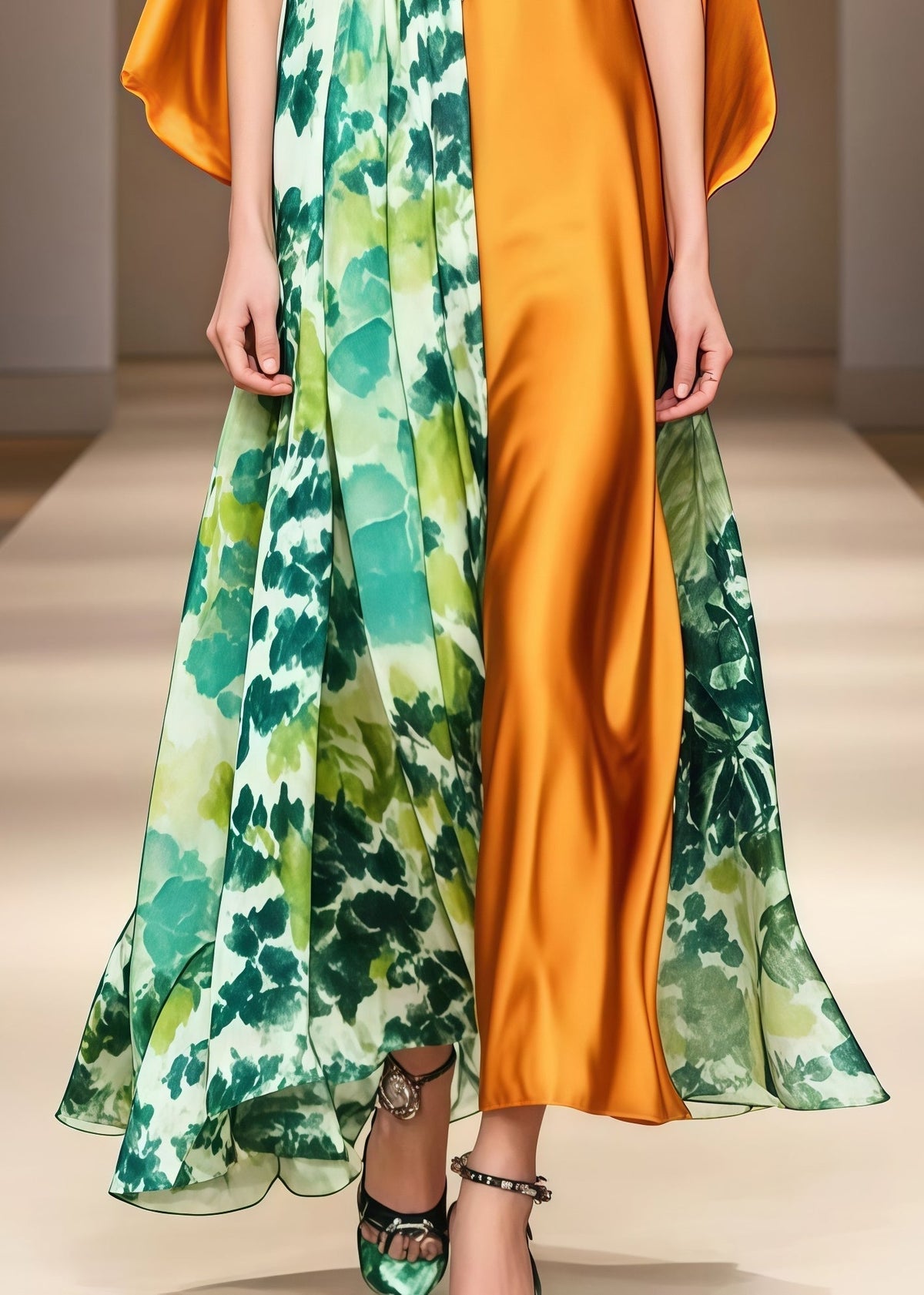 Floral Print High Neck Cape Sleeve Asymmetrical Panel Maxi Gown - View 4