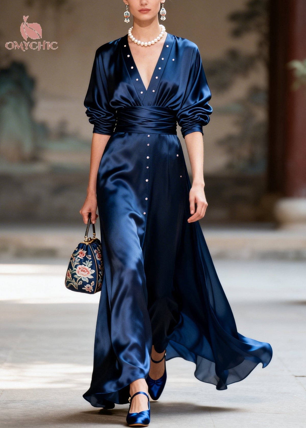 Satin Deep V-Neck Long Sleeve Ruched Waist Stud Front Maxi Gown