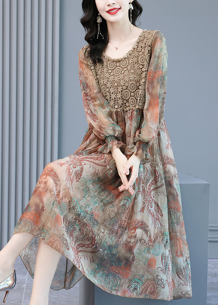 Paisley Print Crochet Lace Bodice Ruffle Cuff Midi Dress