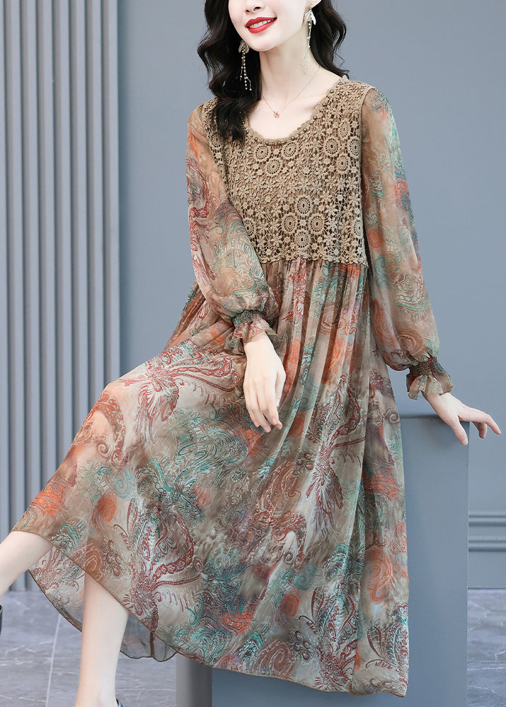 Paisley Print Crochet Lace Bodice Ruffle Cuff Midi Dress - View 2