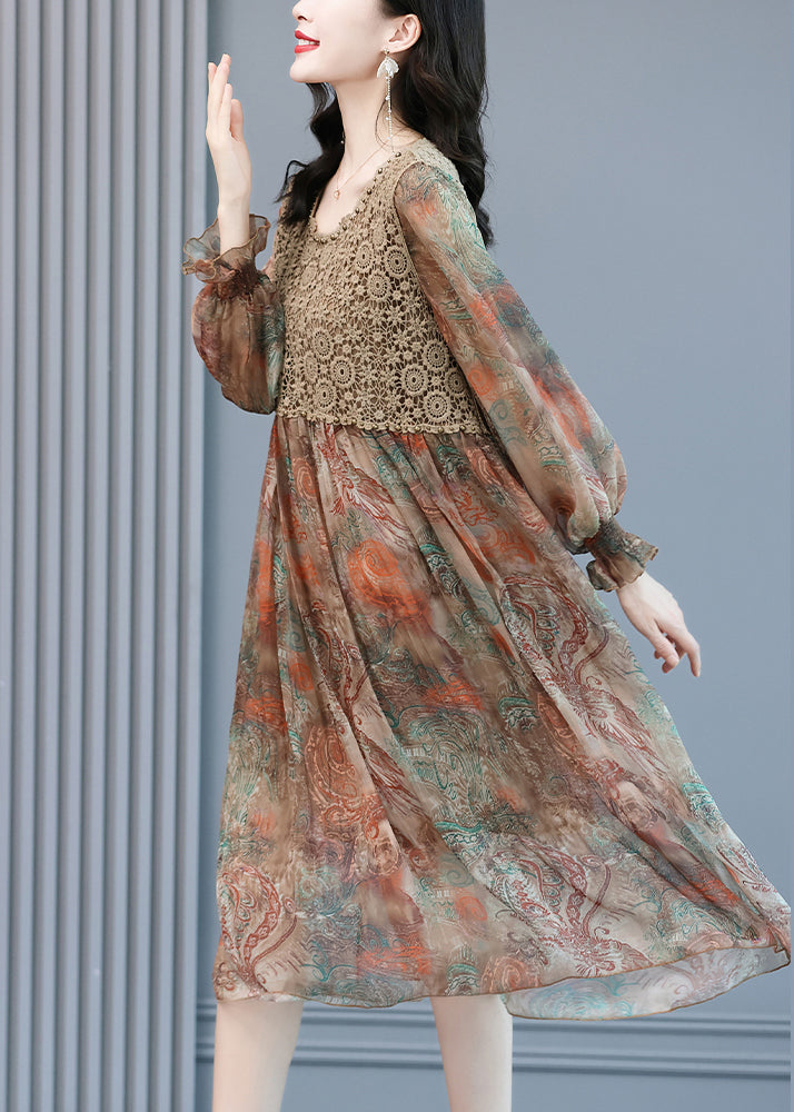 Paisley Print Crochet Lace Bodice Ruffle Cuff Midi Dress - View 4