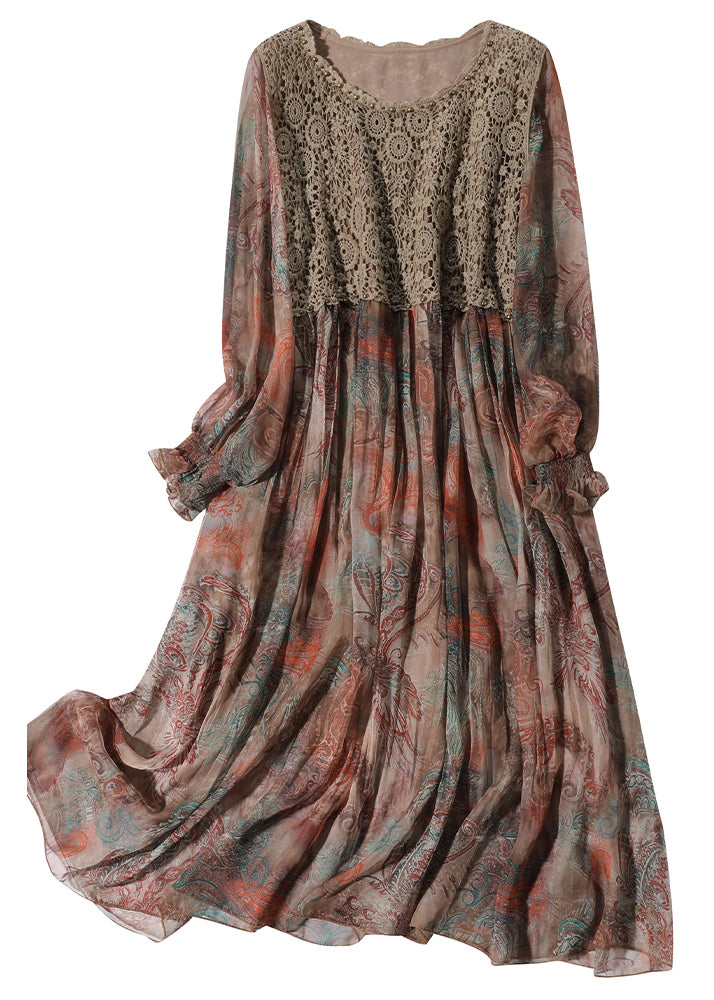 Paisley Print Crochet Lace Bodice Ruffle Cuff Midi Dress - View 5