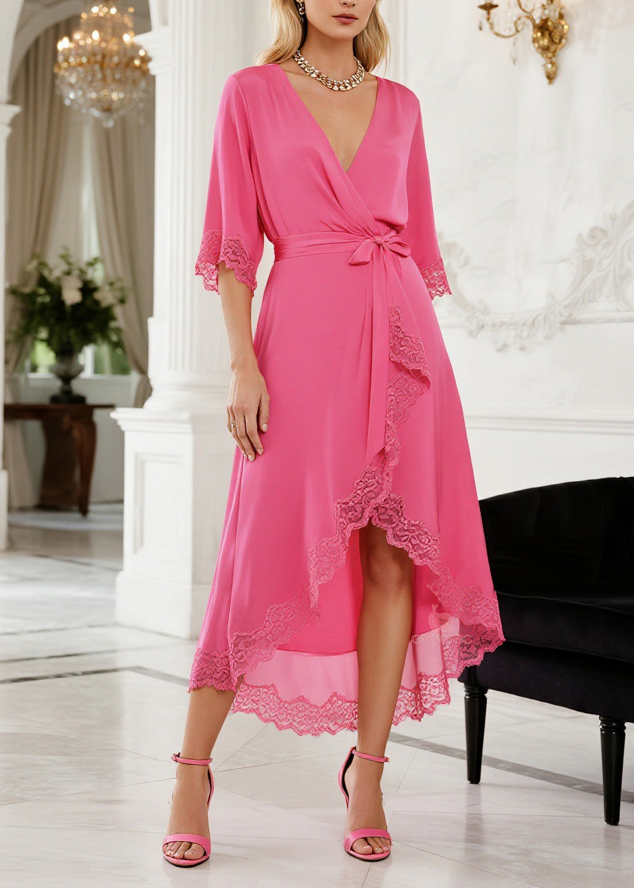 Lace Trim Deep V-Neck Tie Waist Bishop Sleeve High Low Wrap Midi Dress