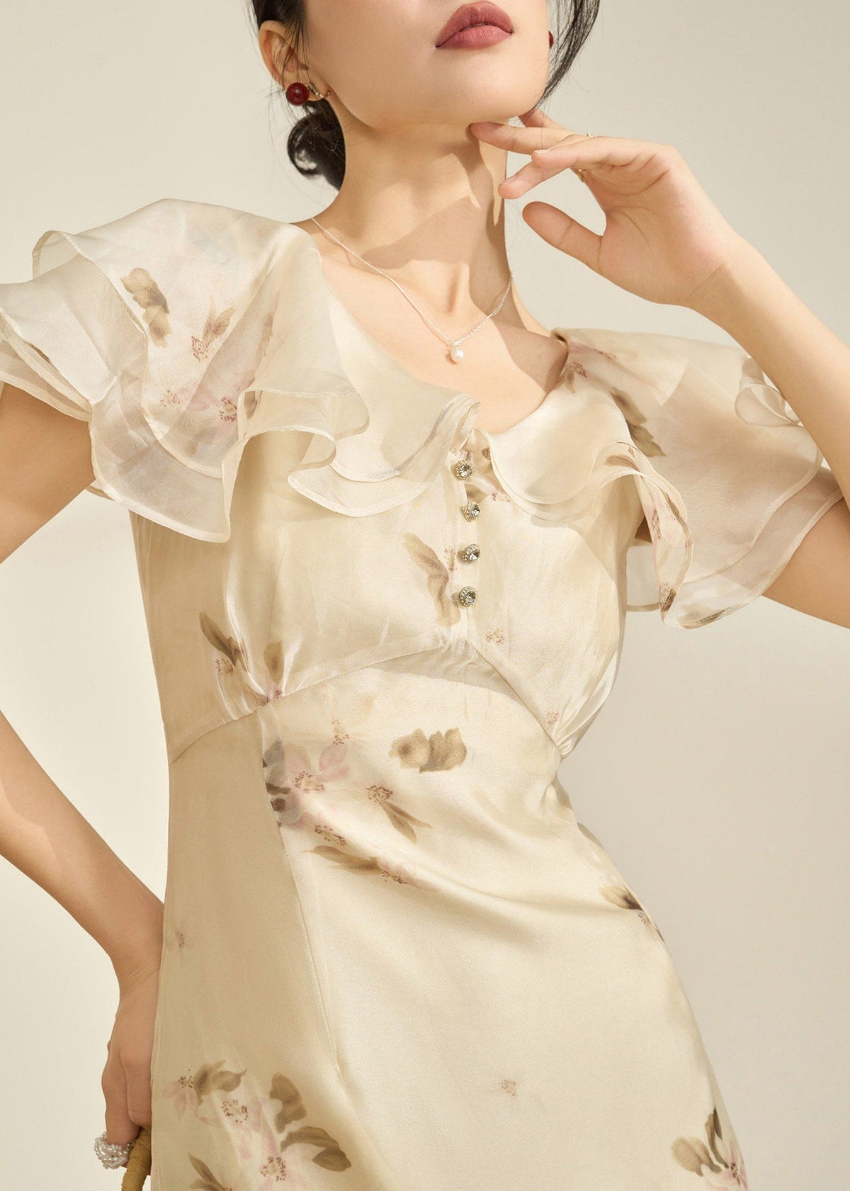 Chiffon Floral Print Ruffle Collar Button Front Midi Dress