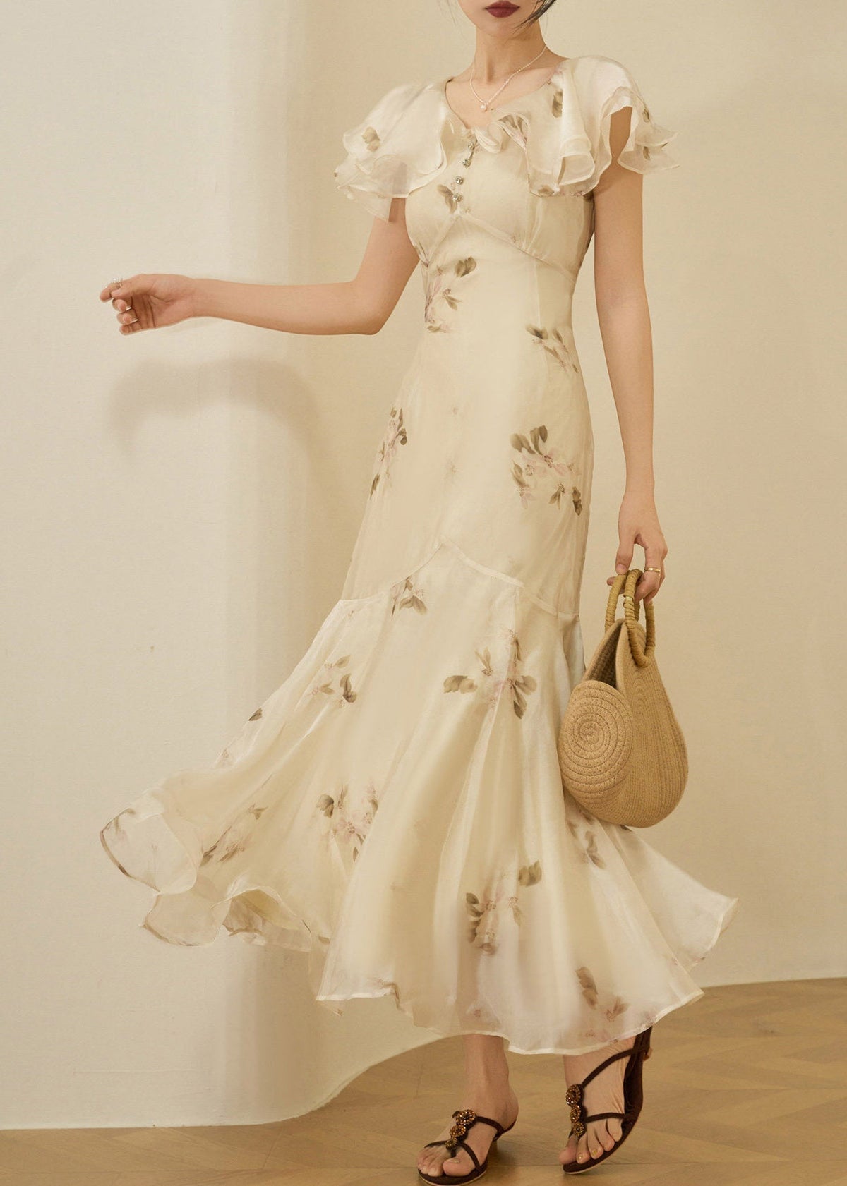Chiffon Floral Print Ruffle Collar Button Front Midi Dress - View 2