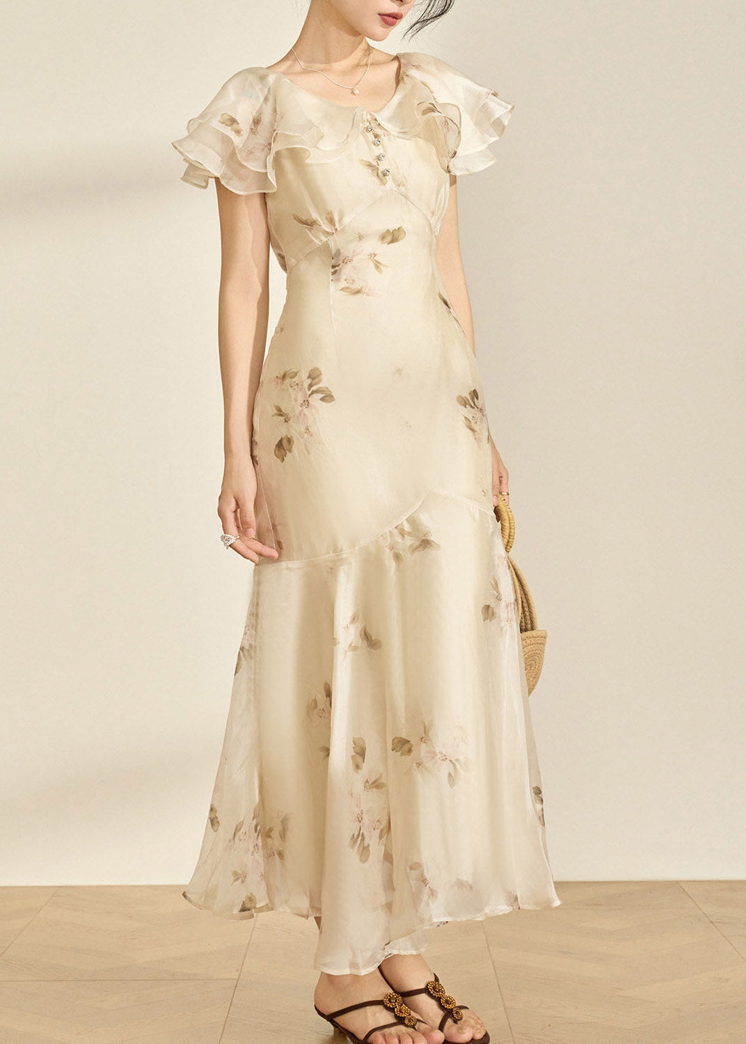 Chiffon Floral Print Ruffle Collar Button Front Midi Dress - View 3