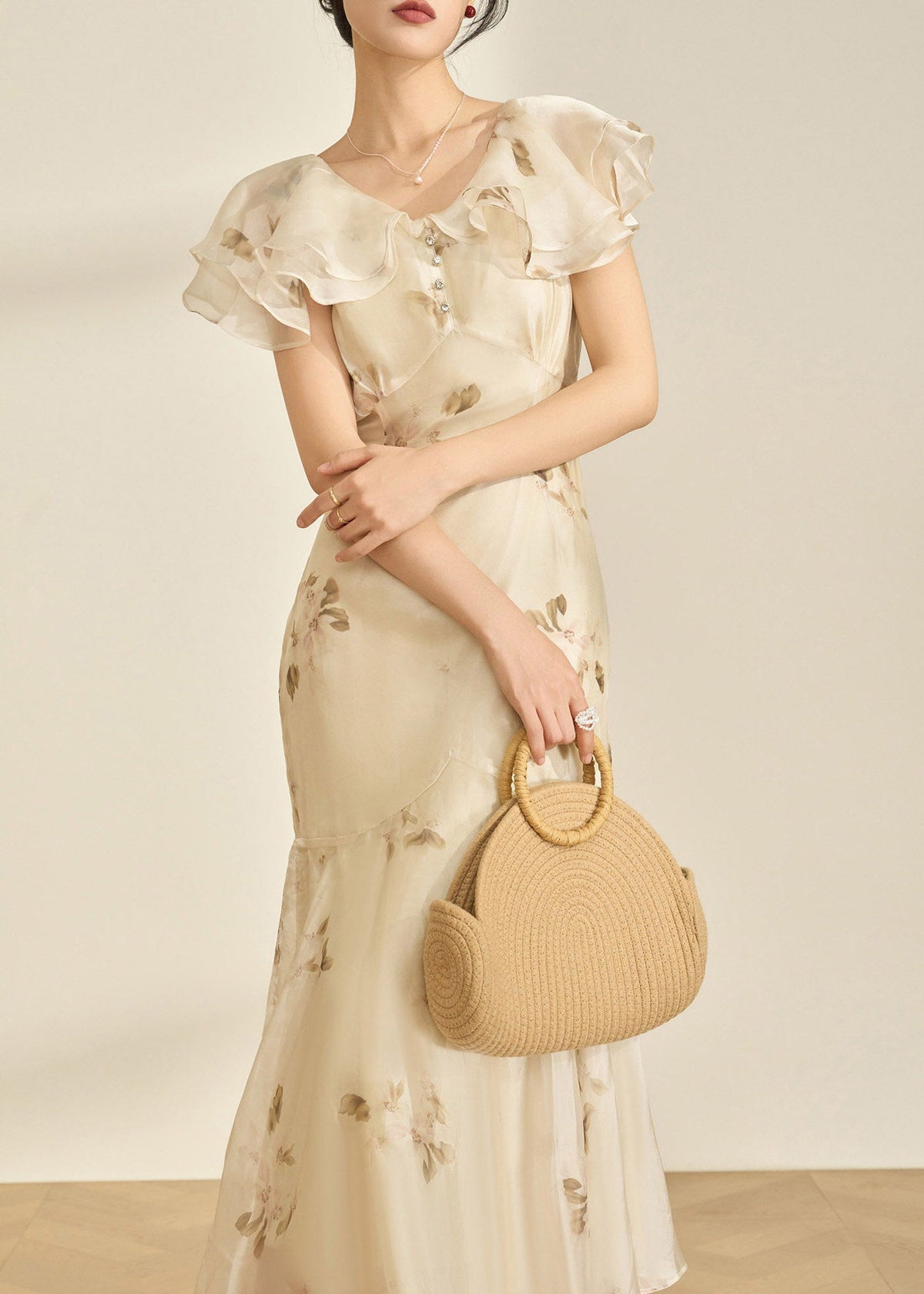 Chiffon Floral Print Ruffle Collar Button Front Midi Dress - View 4