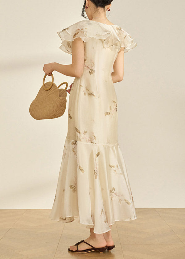 Chiffon Floral Print Ruffle Collar Button Front Midi Dress - View 5