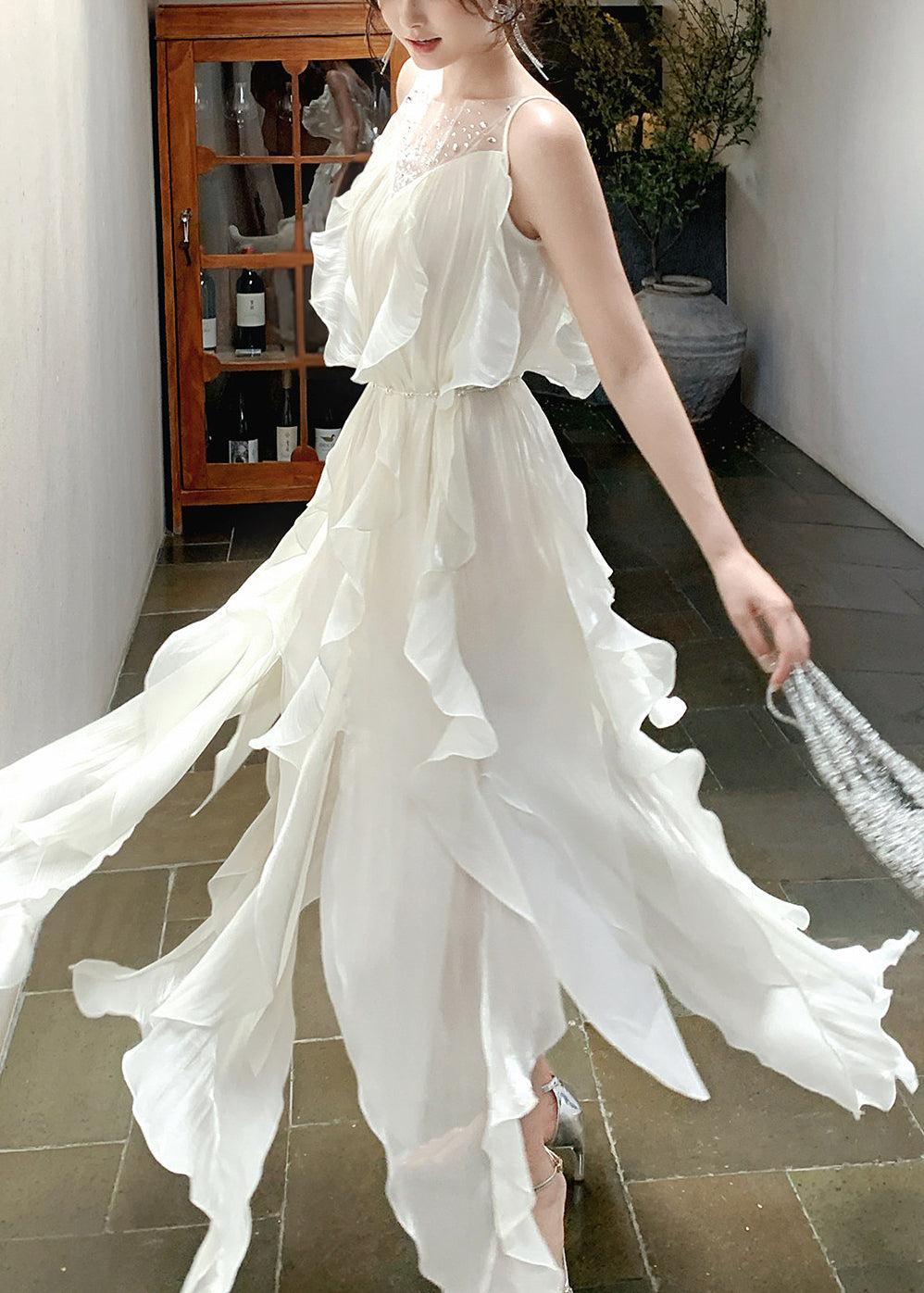 Fitted White Ruffled Patchwork Rhinestone Chiffon Long Dresses Summer - View 4