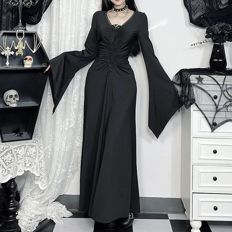Wide Sleeve Sorceress Plunging Neckline Full-Length Gown