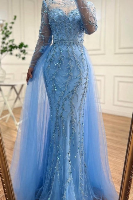 Floor-Length Mermaid Tulle Long Sleeves Beadings Ocean Blue Prom Evening Dresses with Appliques