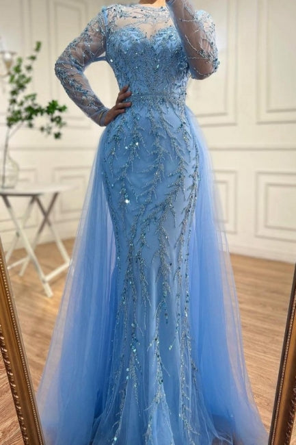 Floor-Length Mermaid Tulle Long Sleeves Beadings Ocean Blue Prom Evening Dresses with Appliques