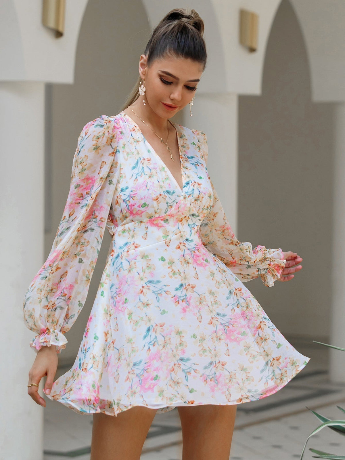 Flora Print Chiffon Open Back Long Sleeve Dress