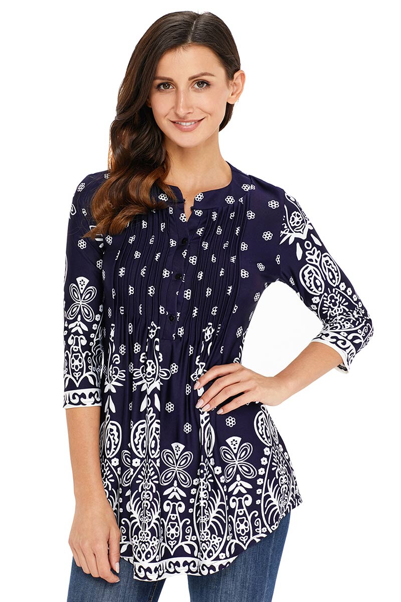 Floral Button Front Pleated T-shirt - Mislish