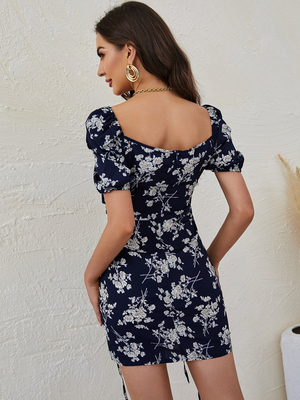 Floral Print Puff Sleeve Tie-Front Two-Piece Set