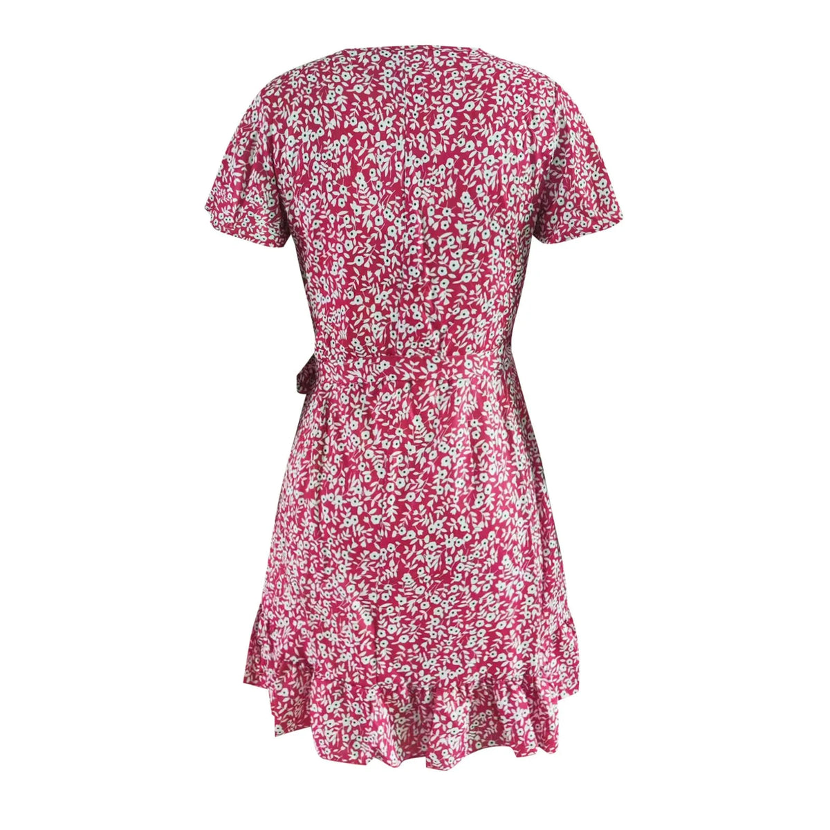 Floral Edge Short Sleeved High Waist Simple Ruffles Hem Short V Neck Holiday Vacation Casual Dress 4