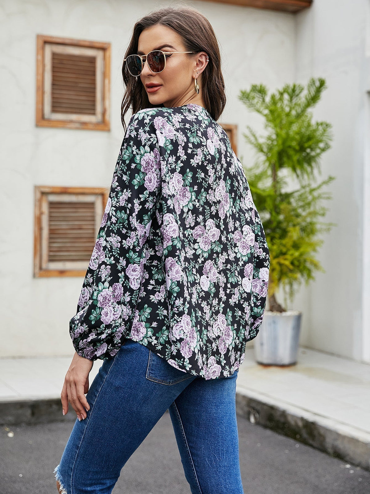 KittenAlarm - Floral Lantern Sleeve Loose Casual Top