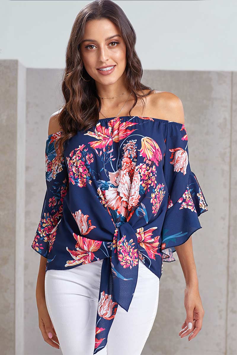 Floral Off-the-shoulder Tie-front Blouse - Mislish