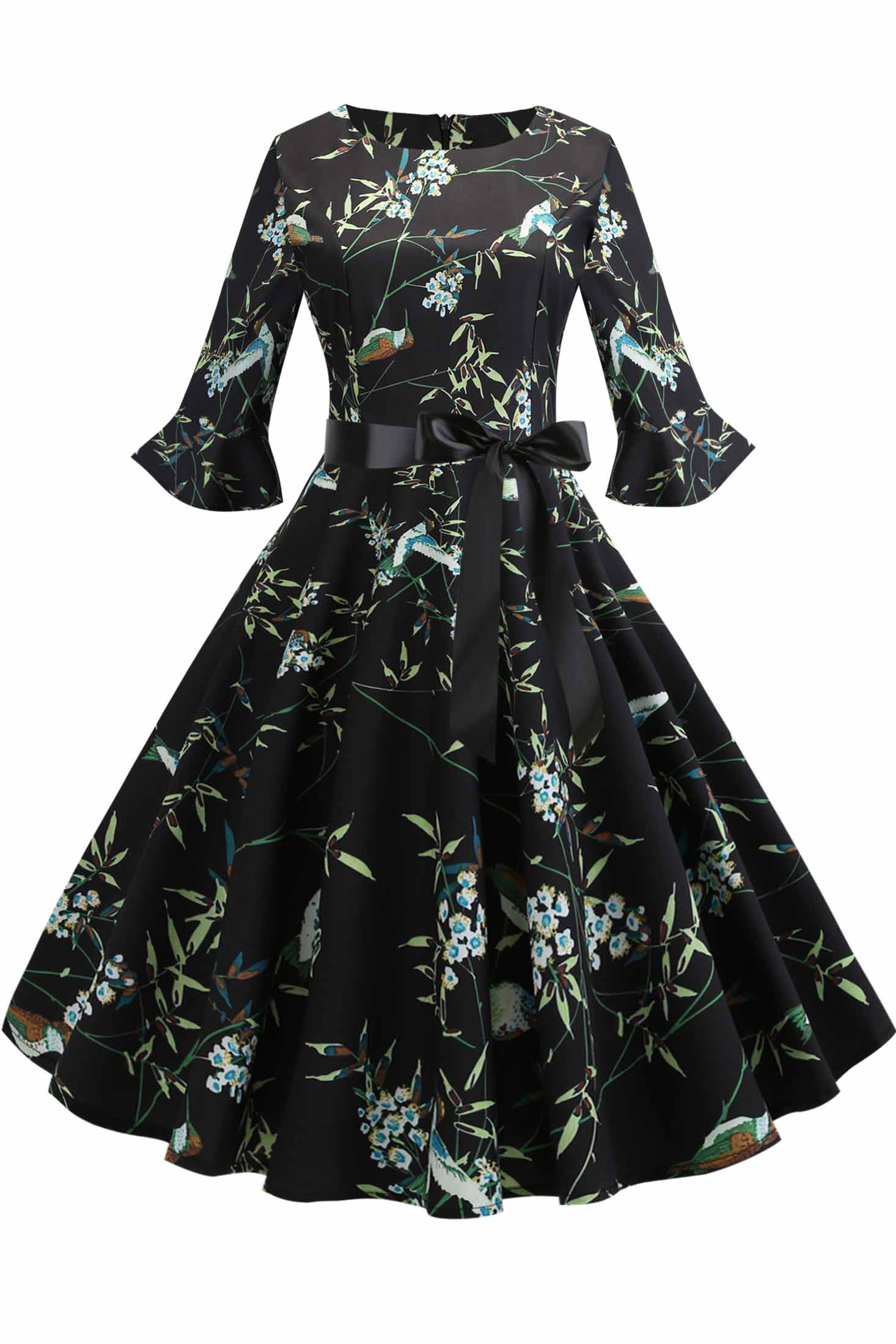 Floral Print Boatneck A-line Dress - Mislish