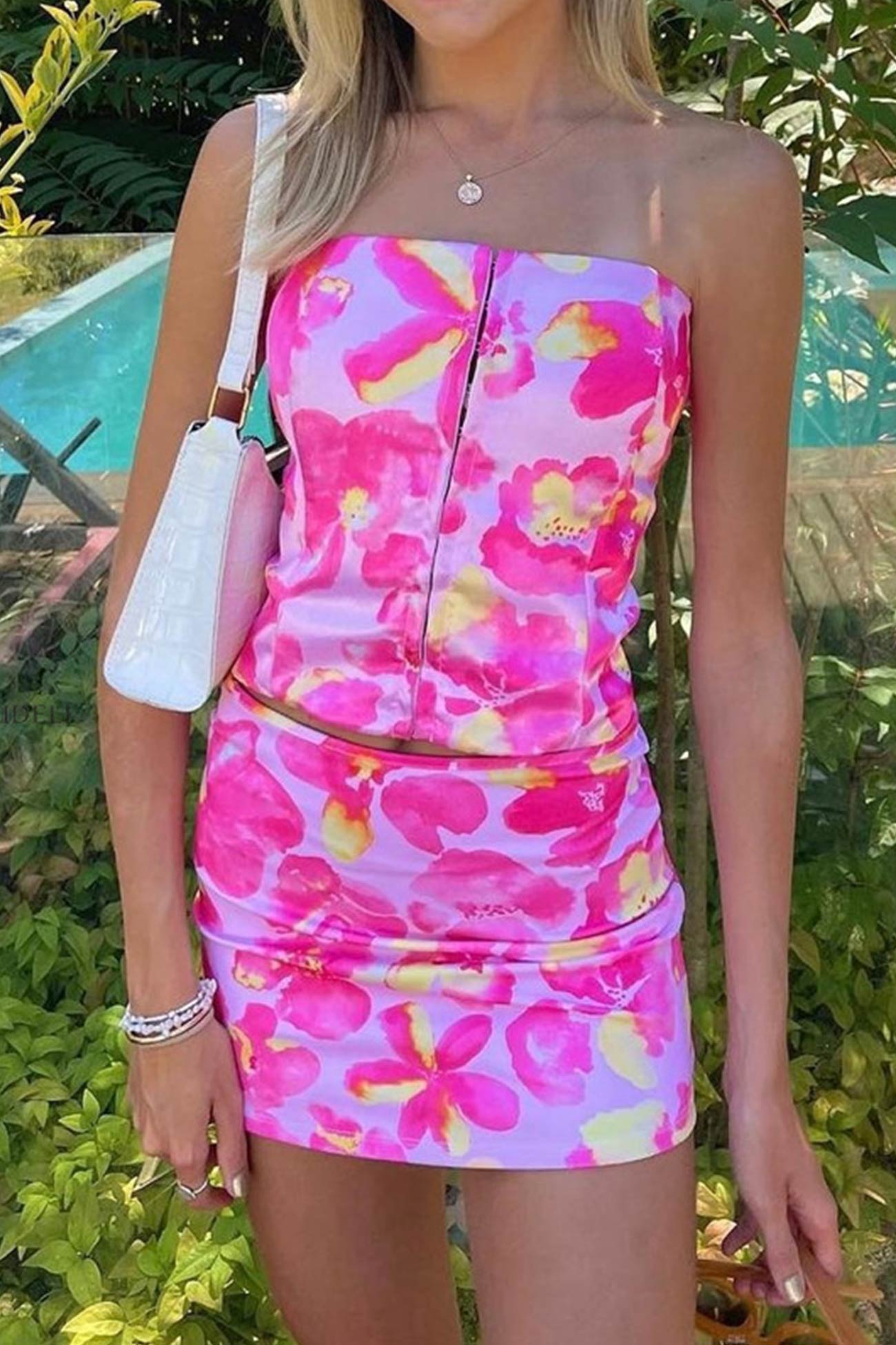 Floral Print Crisscross Backless Strapless Crop Top Skirt Suits