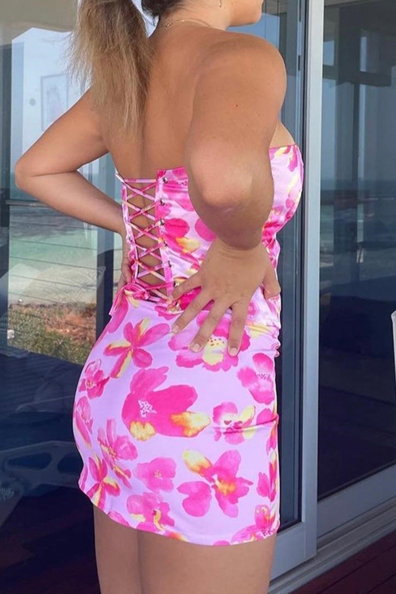 Floral Print Crisscross Backless Strapless Crop Top Skirt Suits