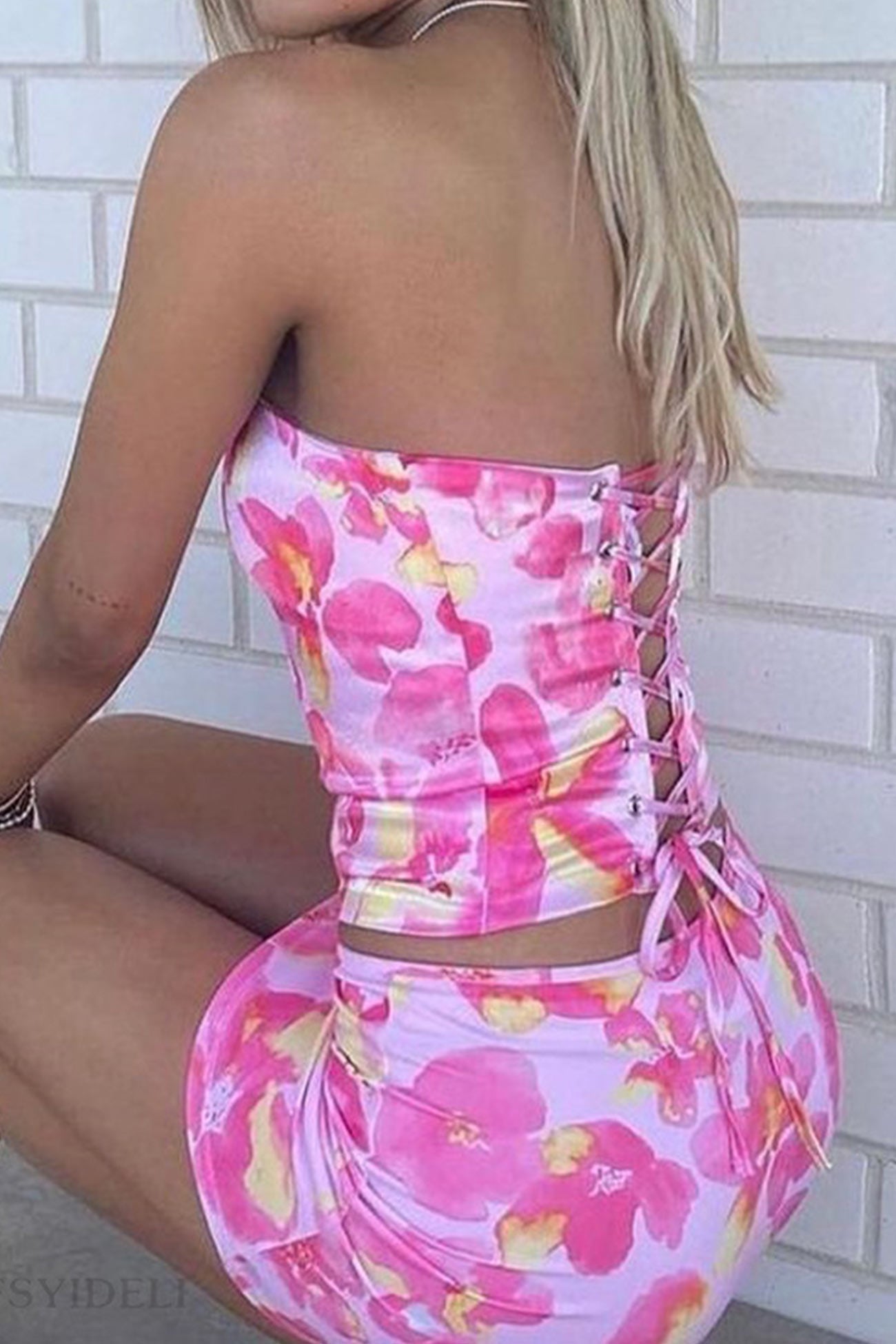 Floral Print Crisscross Backless Strapless Crop Top Skirt Suits