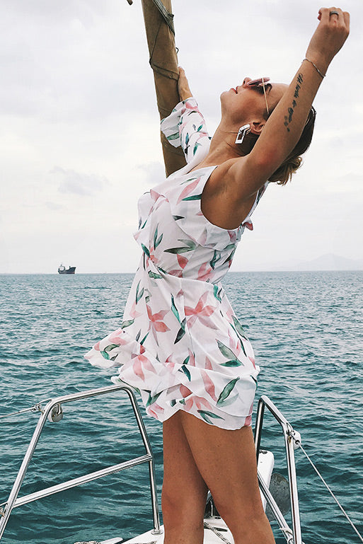 Floral Print Falbala V Neck Short Dress